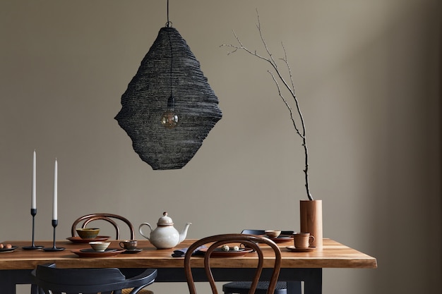 Concept rustique minimaliste d'intérieur de salle à manger avec table familiale en bois, chaises rétro design, tasse de café, décoration, lampe à pied et accessoires personnels dans un décor élégant. Modèle.
