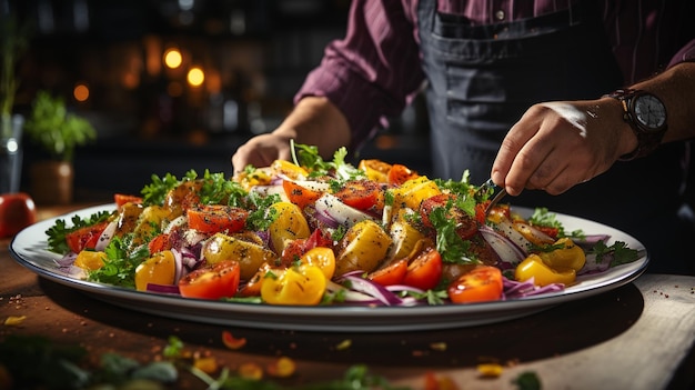 Concept de saine alimentation gros plan sur la main d'un homme avec un couteau et une salade de légumes des aliments sains et un régime amaigrissant conceptgenerative ai