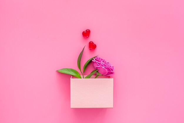 Concept de la Saint-Valentin. Boîte rose avec marmelade et macarons et une belle rose sur une table rose