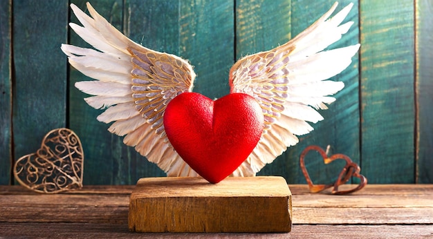 Concept de la Saint-Valentin cœur rouge avec des ailes assis sur un piédestal en bois