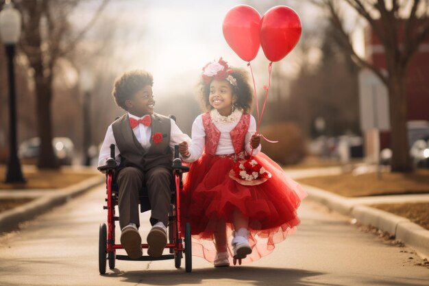 Concept de la Saint-Valentin Enfants handicapés souriant ensemble Amour pur