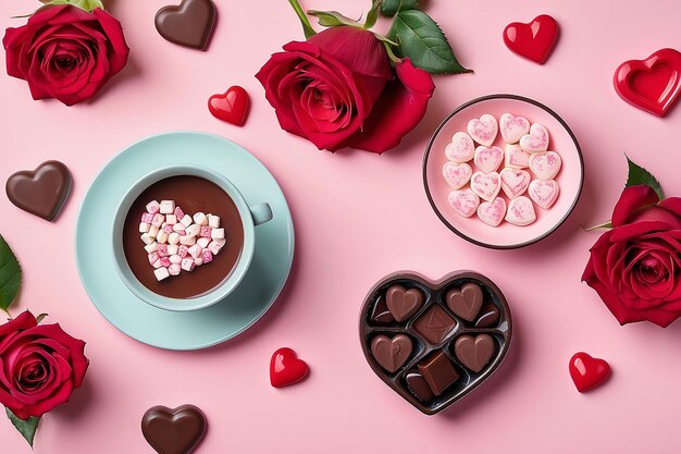 Concept de la Saint-Valentin Photo vue de dessus de bougies en forme de coeur de roses rouges et soucoupe avec des bonbons au chocolat sur fond rose pastel isolé avec fond