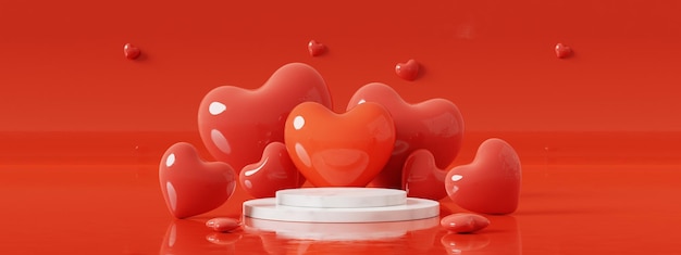 Concept de la Saint-Valentin. Podium de cylindre en marbre et coeur brillant rouge sur fond rouge. Concept minimal de vitrine pour la maquette du produit. Illustration de rendu 3D.