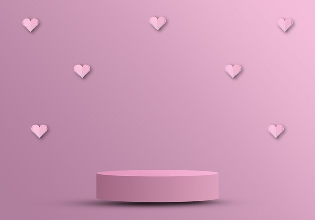 Concept de la Saint-Valentin, podium pour les produits avec des coeurs en papier 3d