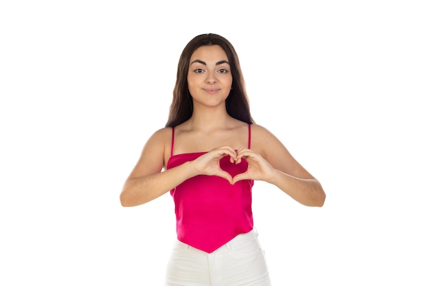 Concept de Saint Valentin Portrait of cute teen girl isolé sur fond blanc