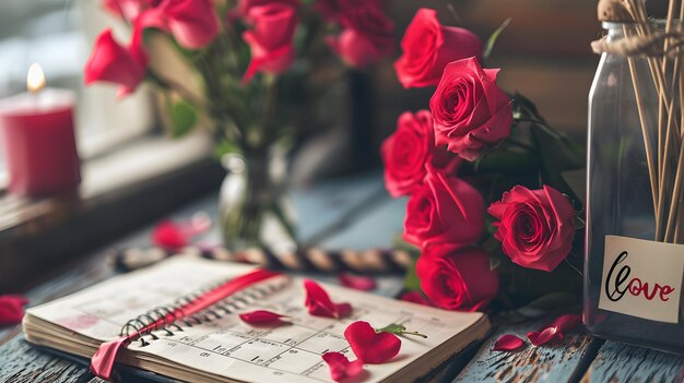 Concept de Saint Valentin Roses rouges et bougies sur le calendrier