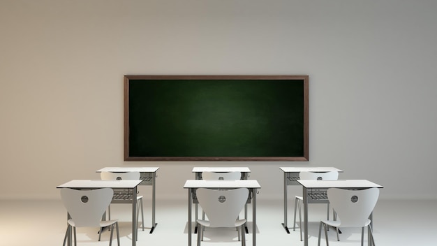 Concept de salle de classe moderne vide avec chaise de bureau en bois blanc et fond de tableau vert rendu 3D