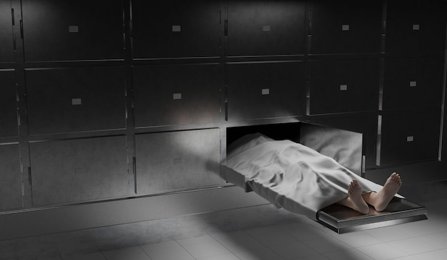 Photo concept de salle mortuaire avec corps de cadavre et tissu blanc sur fond de salle morgue noire