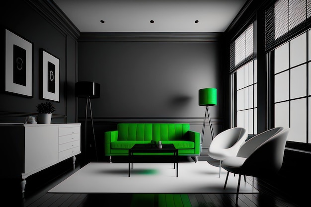 concept de salon de couleur noire avec des meubles aux accents verts