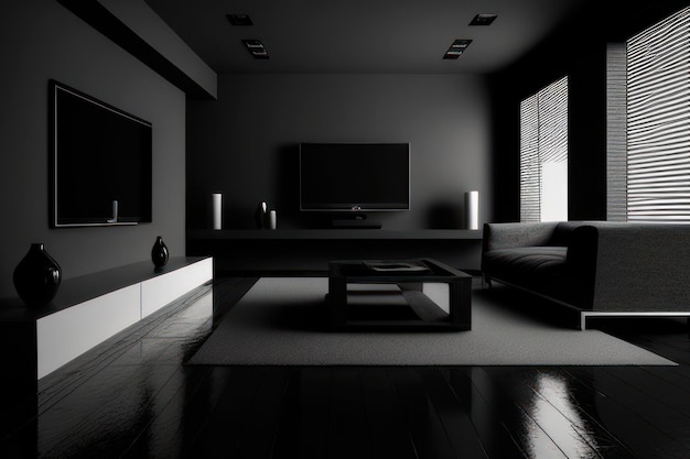 concept de salon en couleur noire avec des meubles mis en valeur en noir et blanc