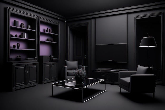 concept de salon de couleur noire avec des meubles surlignés en violet