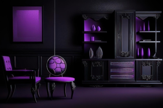 concept de salon de couleur noire avec des meubles surlignés en violet