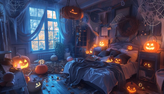 Concept de salon d'Halloween décoré pour des toiles de citrouilles et d'araignées d'Helloween