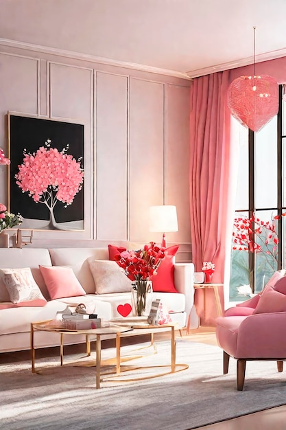 Le concept de salon intérieur du jour de la Saint-Valentin avec des illustrations 3D en rouge et rose