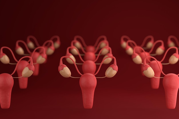 Concept de santé des femmes ménopausées Organes reproducteurs féminins sur fond rouge rendu 3D