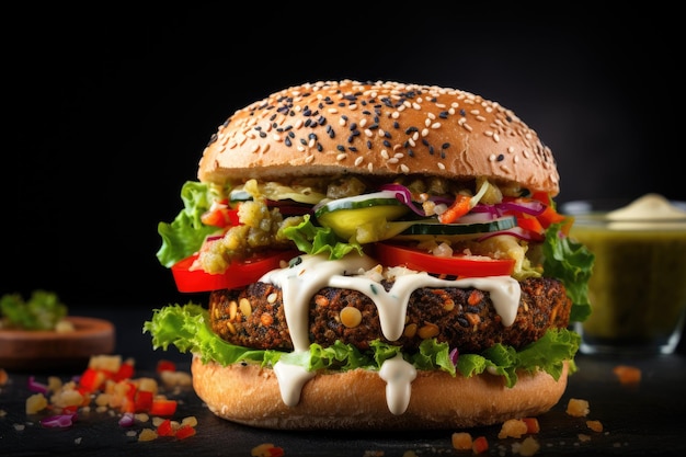Concept santé hamburger falafel végétalien avec sauce aux légumes fond noir