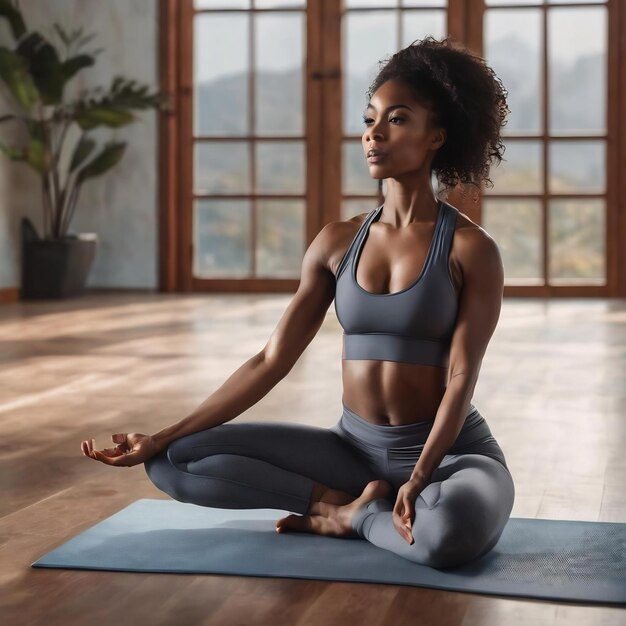 Concept de santé et de remise en forme belle dame afro-américaine en vêtements de remise en forme faisant du yoga et du médicament