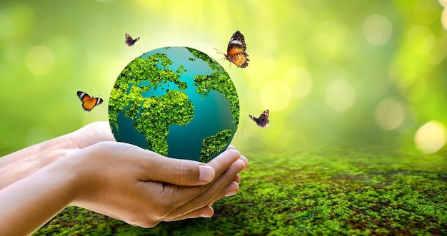 Photo concept sauver le monde sauver l'environnement le monde est dans l'herbe de l'arrière-plan flou vert