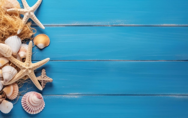 concept de scène de plage avec des coquillages et des étoiles de mer sur un fond en bois bleu