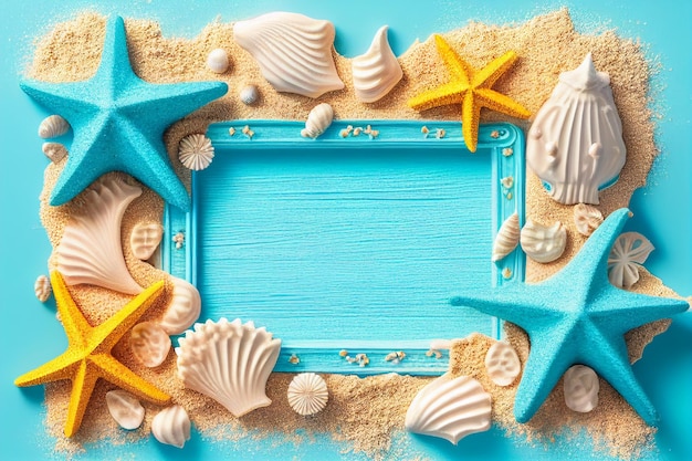 Concept de scène de plage avec des coquillages et des étoiles de mer sur une vue de dessus de fond de planche de bois bleu AI générative