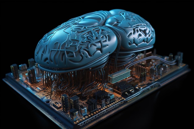 Concept scientifique d'intelligence artificielle avec un cerveau d'IA technologique sur la carte de circuit imprimé