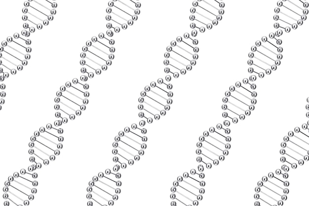 Concept scientifique. Rangées de spirale de molécule d'ADN en métal sur un fond blanc. Rendu 3D