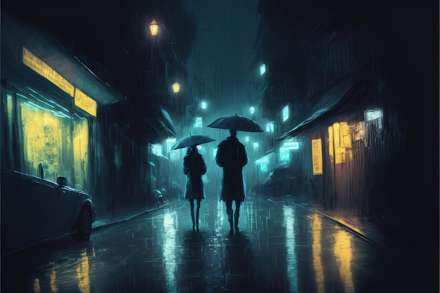 Un concept scifi d'un couple marchant dans une ruelle par une nuit pluvieuse Concept fantastique Peinture d'illustration AI générative