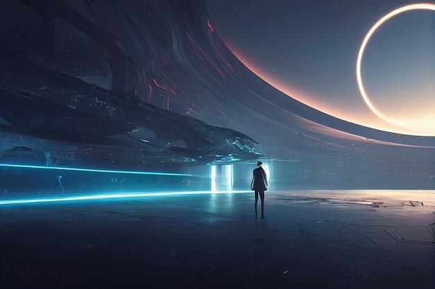 Concept Scifi montrant un homme debout à l'horizon de la vue latérale horizontale du portail futuriste