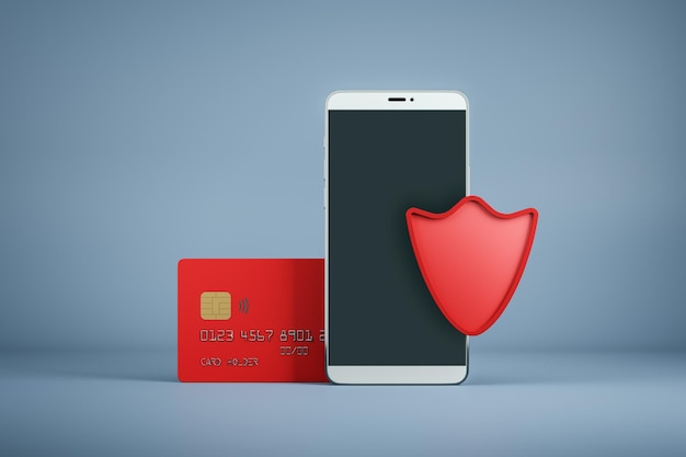 Concept de sécurité bancaire en ligne et de transactions mobiles avec carte de crédit à bouclier rouge et smartphone moderne sur fond abstrait rendu 3D