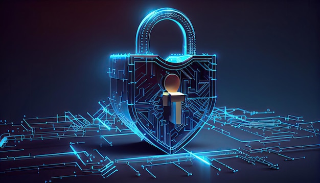 Concept de sécurité Cyber Unlock Symbole de verrouillage sous forme de lignes et de triangles pointant le réseau de connexion sur fond bleu avec la technologie IA générative