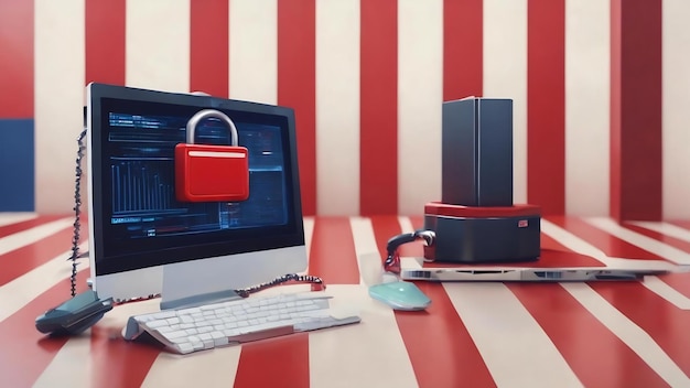 Concept de sécurité des données sur le concept de vintage à rayures rouges et bleues en conception plate