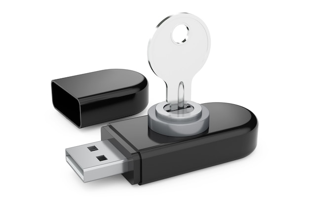 Concept de sécurité des données. Lecteurs de mémoire flash USB avec clé sur fond blanc. Rendu 3D