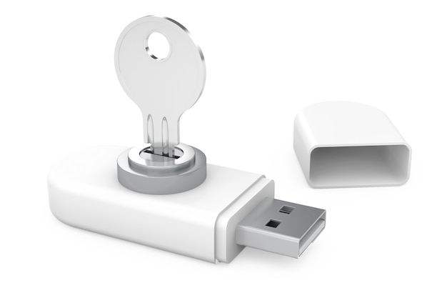 Concept de sécurité des données. Lecteurs de mémoire flash USB avec clé sur fond blanc. Rendu 3D