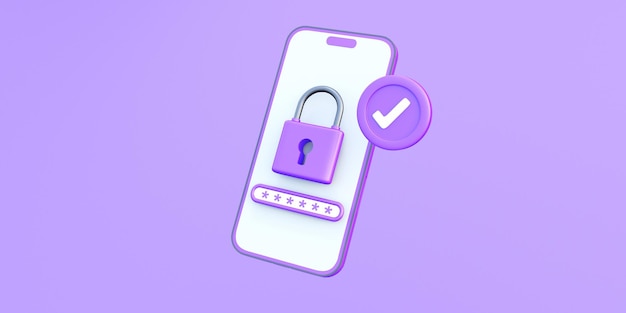 concept de sécurité en ligne avec rendu 3d pour téléphone intelligent violet