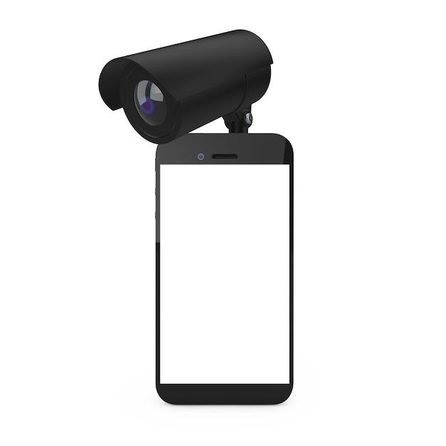 Concept de sécurité. Téléphone portable avec écran vide et caméra de sécurité sur fond blanc. Rendu 3D