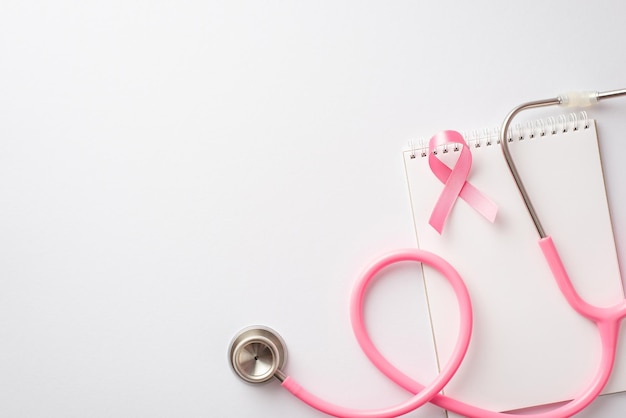 Concept de sensibilisation au cancer du sein Photo vue de dessus d'un stéthoscope à ruban de soie rose et d'un carnet sur fond blanc isolé