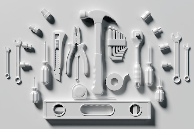 Concept de service de magasin d'outils de construction ensemble blanc de tous les outils pour le constructeur de réparation à domicile sur une illustration 3d de fond monocrome