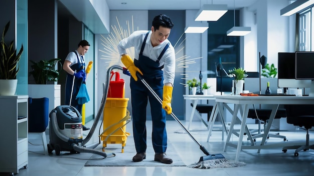 Concept de service de nettoyage de l'homme salle propre et outils de bureau