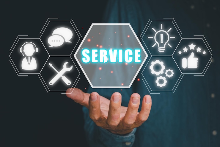 Photo concept de service personne tenant la main de l'icône de service sur l'écran virtuel