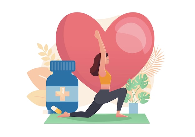 Concept de session de yoga avec des personnes scène dans le style de dessin animé plat femme pratiquant la pose de yoga