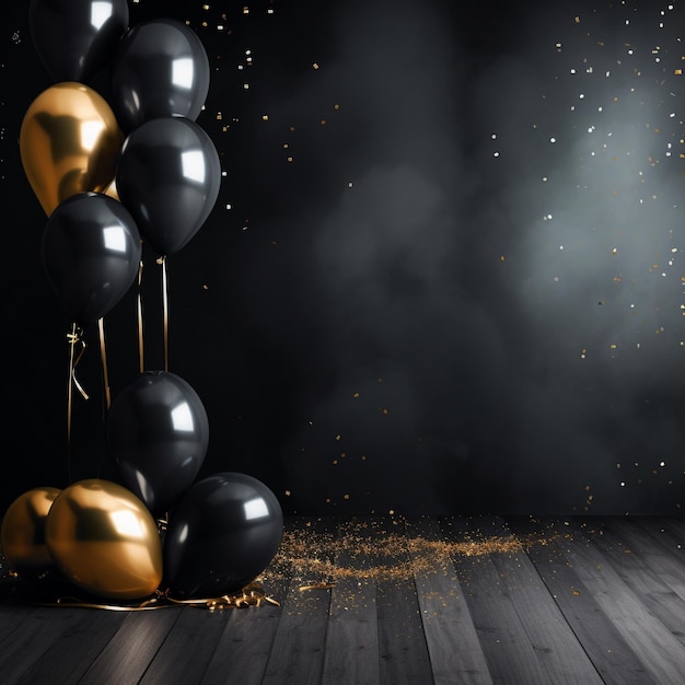 Concept de shopping du vendredi noir Ballon doré et noir flotte dans l'air sur fond noir avec des paillettes