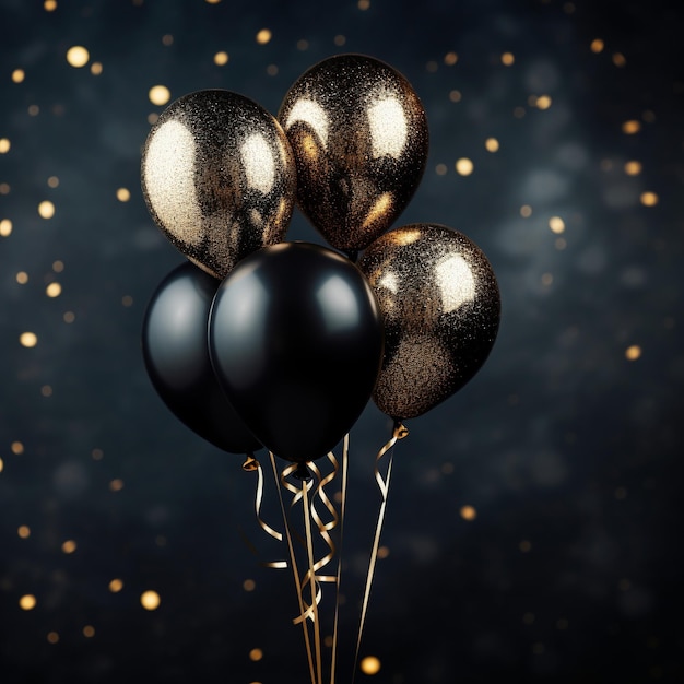 Concept de shopping du vendredi noir Ballon doré et noir flotte dans l'air sur fond noir avec des paillettes