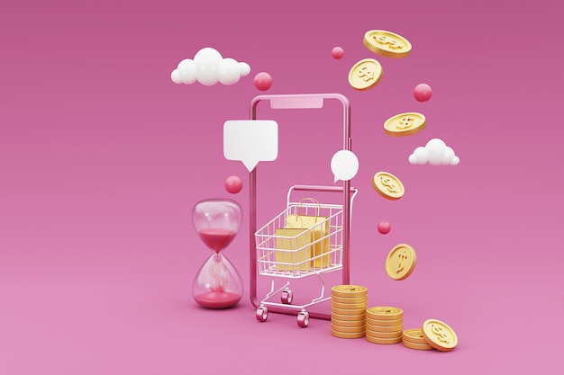 Concept de shopping en ligne 3D avec panier, argent et téléphone mobile. Rendu 3D.