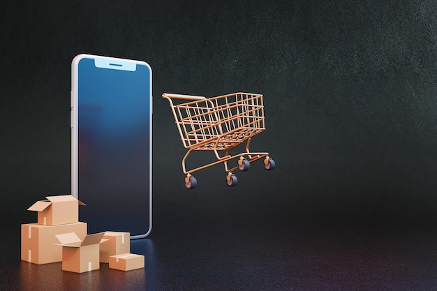 Concept de shopping en ligne 3D avec panier et boîtes en carton. Rendu 3D.
