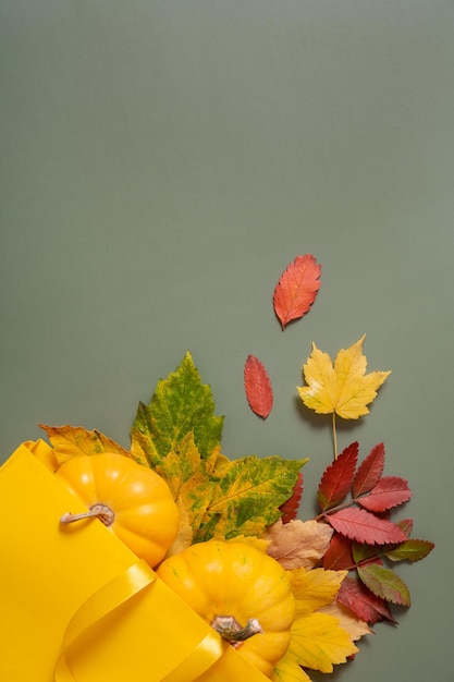 Concept de shopping et de vente d'automne Composition de feuilles mortes d'automne et d'un sac à provisions sur fond vert