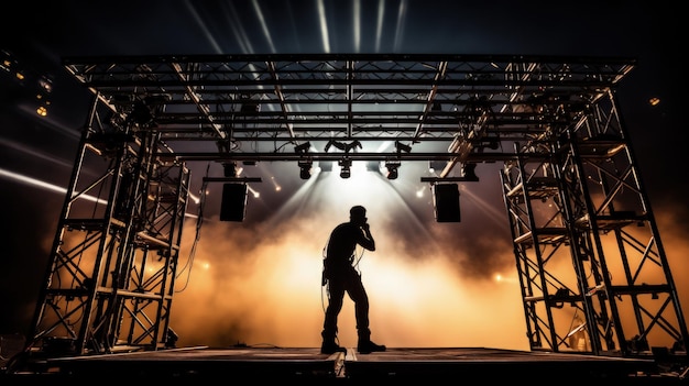 Concept de silhouette de cadre d'équipement de scène de concert d'escalade de technicien du son