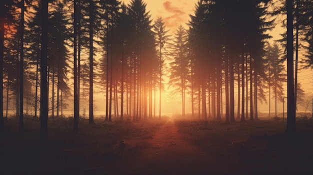 Le concept de la silhouette filtrée des bois au coucher du soleil dans le style Instagram