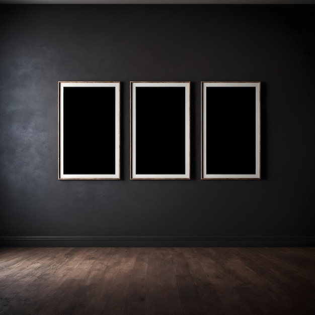 Concept de simulation créatif salle de mur vide sombre grande vide avec l'ombre naturelle et deux cadres blancs