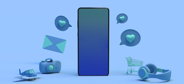 Concept de smartphone avec objets flottants Jeux d'écouteurs messages de réveil e-mail Espace de copie