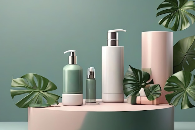 Concept de soin de la peau de luxe moque de shampooing 3D sur le podium cube avec des feuilles tropicales Produit de beauté